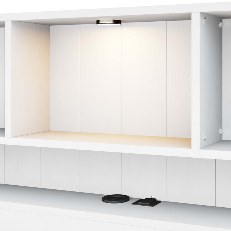 Wood Platform Bed With Bookcase Headboard, Built-In Downlight, Charging Station & 2 Side Drawers, White, Full / Double