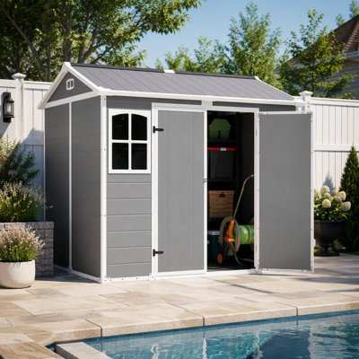 Plastic Utility Shed 8x6 ft with Floor – Lockable Storage Shed for Garden Tools & Trash Bins, All-Weather Outdoor Organizer in Gray-White