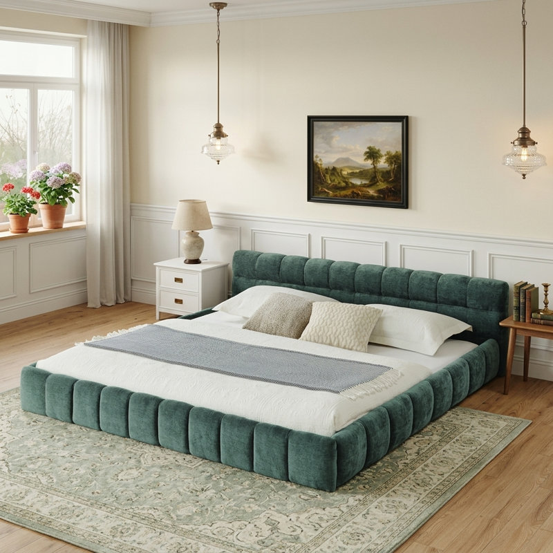 Lit plateforme moderne capitonné en tissu chenille, tête de lit capitonnée, cadre bas et stable, sommier non requis