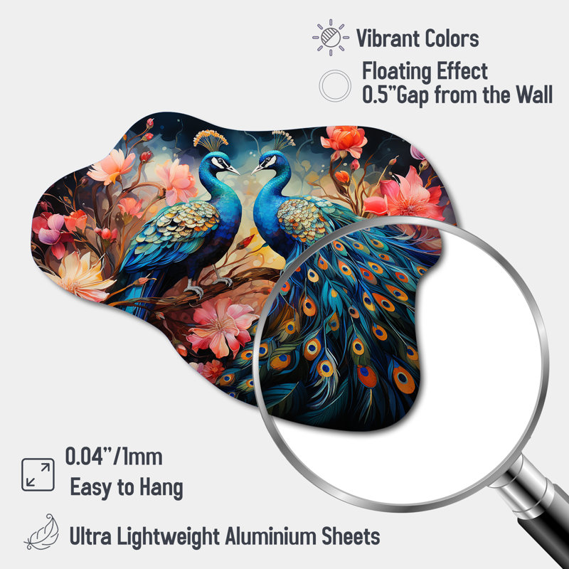 Blue Coral Indian Art Dancing Peacocks II - Indian Art Cloud Shape Irregular Metal Wall Decor, 25" H x 28" W x 1" D