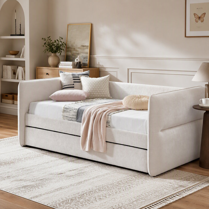 Luxurious 1Pc Modern Daybed Pull Out Trundle Button Tufted Nailhead Trim Bedroom Living Room Furniture, Cream