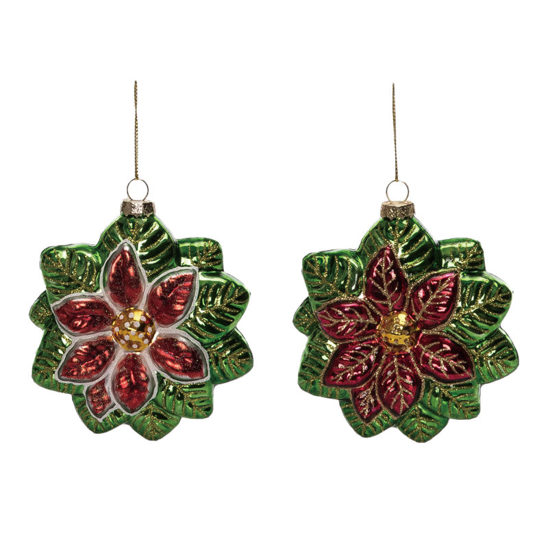  Ensemble de 2 décorations de Noël en verre à motif de poinsettia en verre
