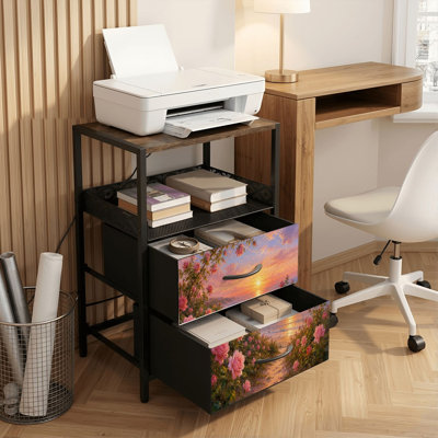 Table de chevet 2 tiroirs avec station de charge, table de chevet pour chambre à coucher avec ports USB, tablette ouverte noire, table de chevet avec coucher de soleil romantique paysage marin roses roses