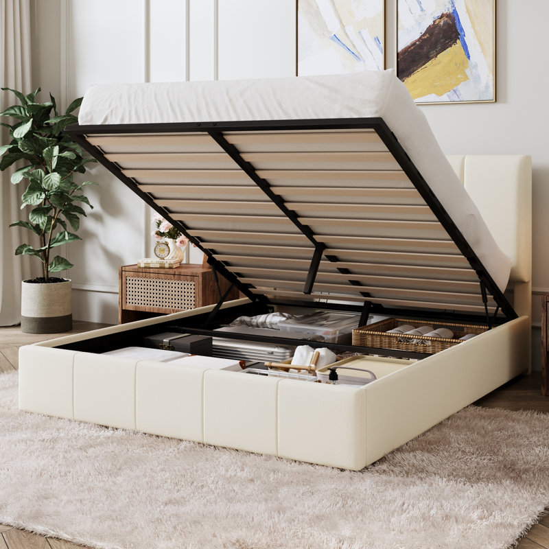 Lit plateforme tapissier hydraulique avec tête de lit réglable, Double, Crème