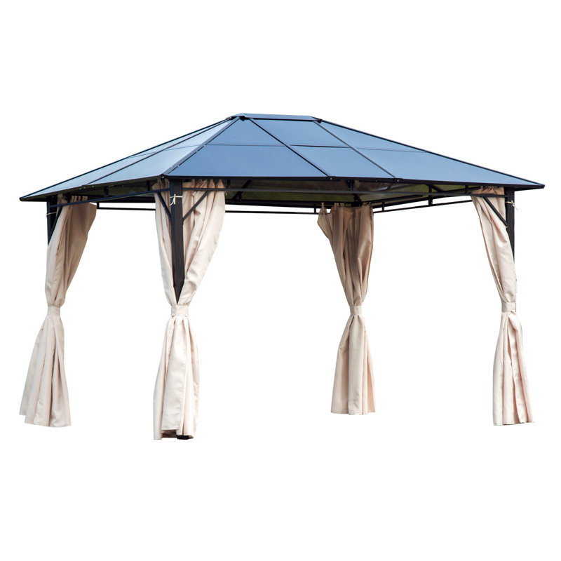 Natural Wood and Steel Hardtop Gazebo with Curtains