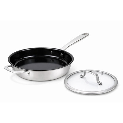 Alva Maestro 11" Stainless Steel Ceramic Nonstick Frying Pan with Glass Lid, Oven Safe to 400F, Induction Compatible