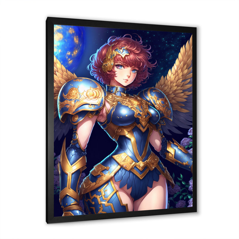 «Dustion Blonde» Seiya avec des ailes en bleu sur toile, Cadre photo noir, H 20 po x l 12 po x P 1 po