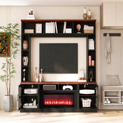 Meuble audio-vidéo l 95,5 po avec tablettes pour téléviseurs de 80 po ou moins, meuble télé moderne avec armoires pour foyer électrique et tablettes réglables pour le salon