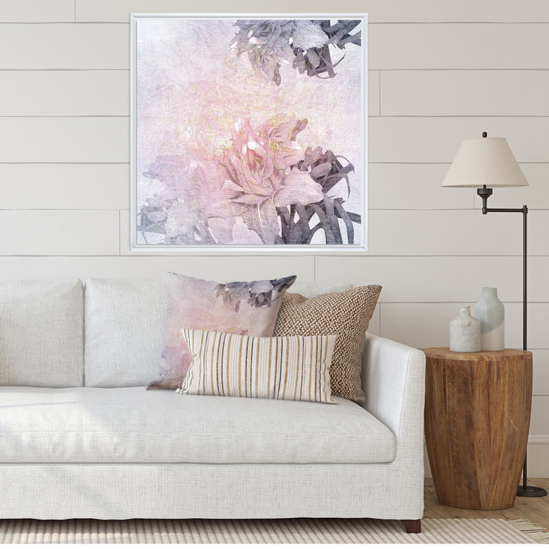 Fleurs roses rétro - peinture, H 16 po x l 16 po x P 1 po, Cadre flottant blanc