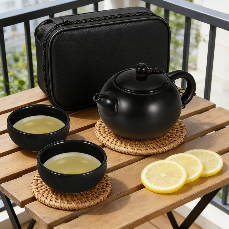 Service à thé portable avec théière en céramique, 4 tasses, plateau en bambou et sac de voyage | Style traditionnel asiatique pour la maison, les voyages et les cadeaux
