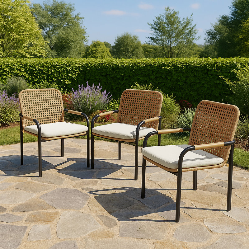 Ensemble de chaises de salle à manger d'extérieur 3 pièces avec dossier en rotin Roomfitter, chaises en osier toutes saisons avec coussins amovibles, capacité de 400 lb, beige