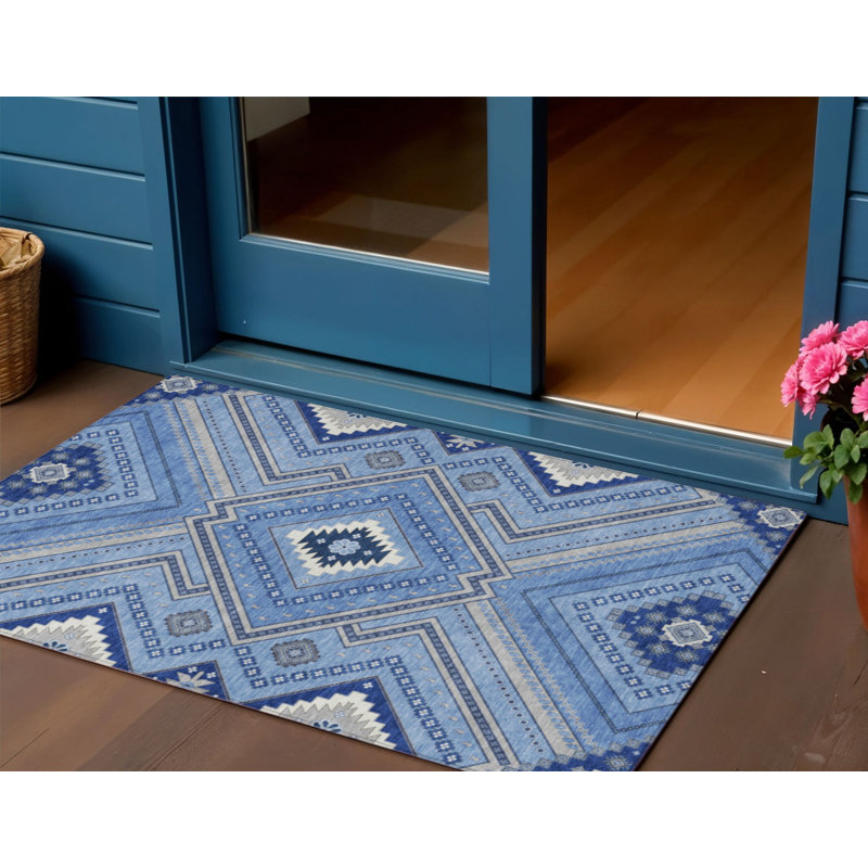 3' X 5' Blue Gray And Ivory Tribal Washable Indoor Outdoor Area Rug