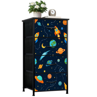 Dresser for Bedroom with 4 Storage Drawers Space theme Solar system kids cartoon planet Rocket planets cosmic Dressers Chest of Drawers Steel Framed Fabric Closet Organizers for Dorm Entryway