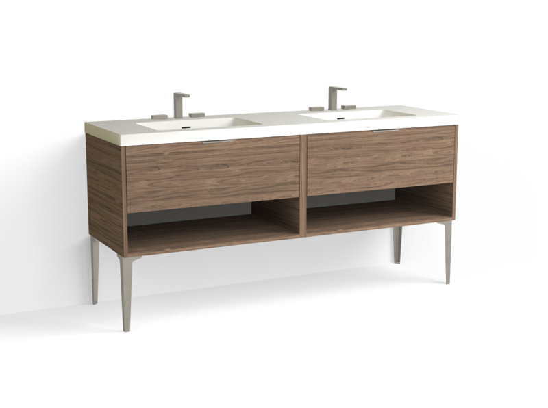 Modo 72" W Freestanding Double Bathroom Vanity with Dean Leg, Matte White/8" Widespread, Nocino, Satin Nickel