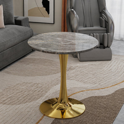 27.6-inch gold coffee table, mid-century modern style dining table, accommodates 2-4 people, featuring a round dark gray textured marble tabletop, suitable for various settings.