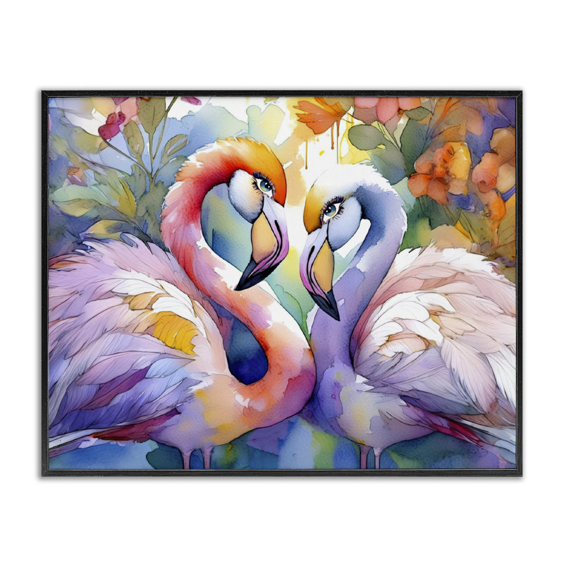 Flamant rose, paire d'amour encadrée, design par Shelly Craig, H 24 po x l 30 po, Giclée noire de minuit encadrée