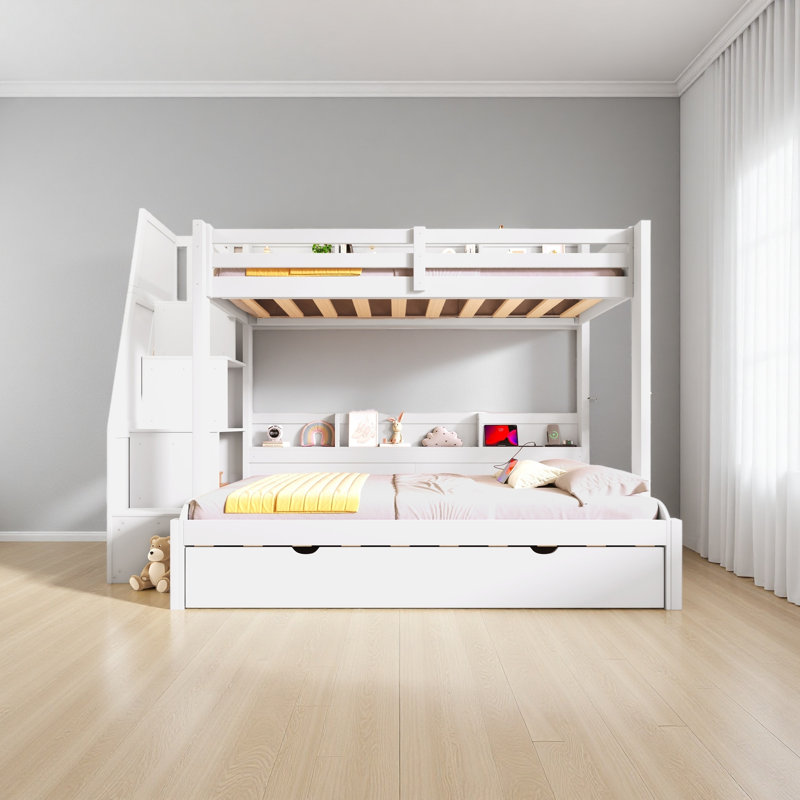 Twin Over Full Bunk Bed With Storage Staircase, Trundle, Storage Shelves, LED And USB, White
