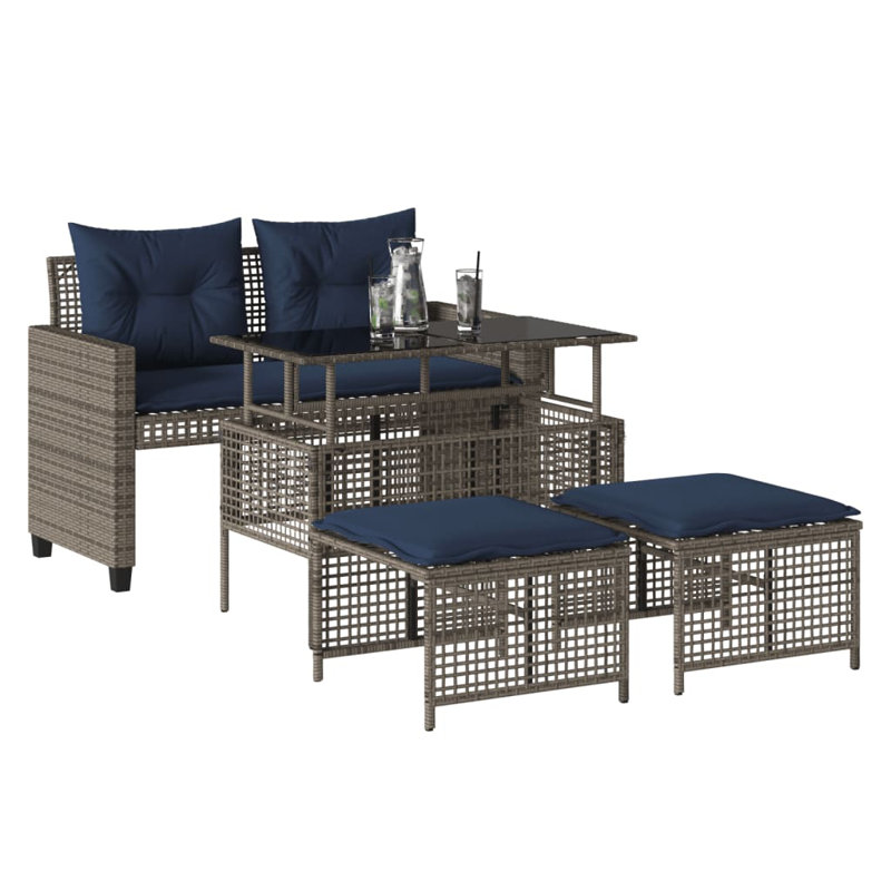Ebern Designs 4 Piece Patio Sofa Set With Cushions Poly Rattan Glass, Gray, Navy Blue