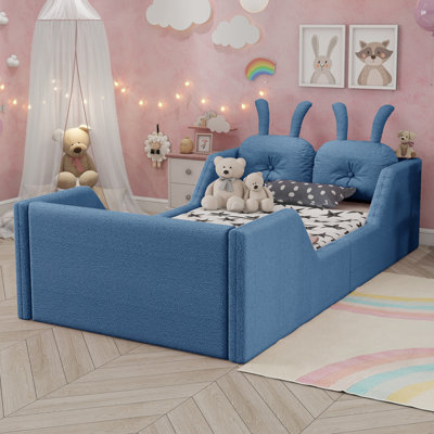 Twin Upholstered Platform Bed with Rabbit Cushion, Kids Floor Upholstered Bed, Removable Safety Side Rails for Toddler Sleeping