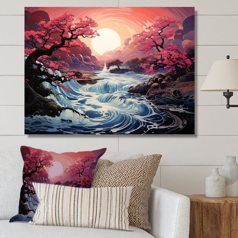 Japon, rivière rose, lever de soleil, rivière, art mural, Toile tendue, H 24 po x l 32 po x P 1 po