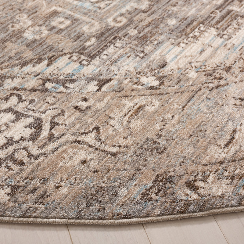 Tapis oriental en polyester tissé à plat en brun / beige, Rond 6 pi 7 po