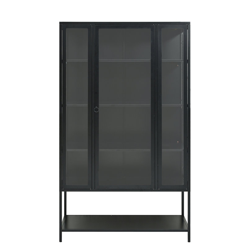 Tall Iron Display Cabinet with Glass Door and LED Lights Steel Curio Cabinet, Black