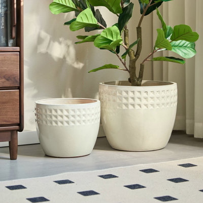 Ensemble de pots de fleurs en céramique fait à la main de 3, 15/12/9 pouces de diamètre, motif à losanges blancs, pour plantes grasses respirantes à l'intérieur et à l'extérieur, argile respirante