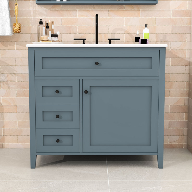 Meuble-lavabo moderne avec lavabo en céramique, tablette réglable et tiroirs de rangement, Bleu gris