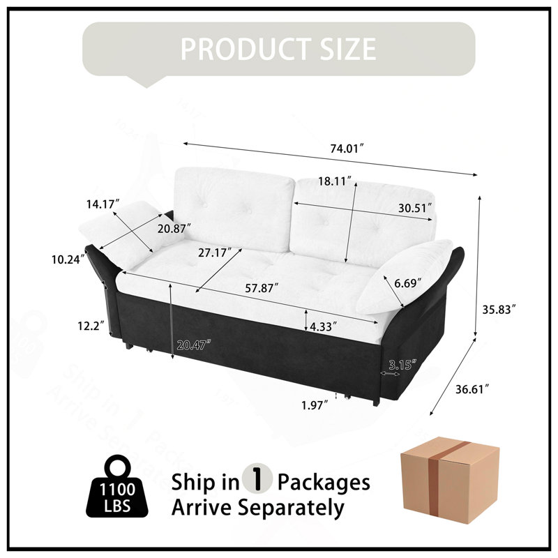 Convertible Pull Out Sofa Bed Queen Size, 3-In-1 Multi-Functional Chenille Loveseat With Thick Cushions And Side Storage
