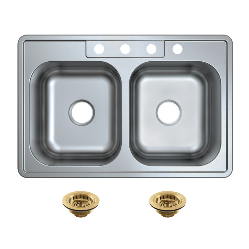 Kingston Brass Studio 33-Inch Stainless Steel Self-Rimming Double Bowl Drop-In Kitchen Sink With 4-Hole Drain And Strainer