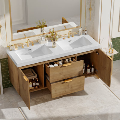59.3 Inch Double Sink Bathroom Vanity With Smc Top, Mdf Cabinet, Soft Close Doors, Divided Drawers, Wall-Mounted Modern Storage Vanity For Large Bathrooms
