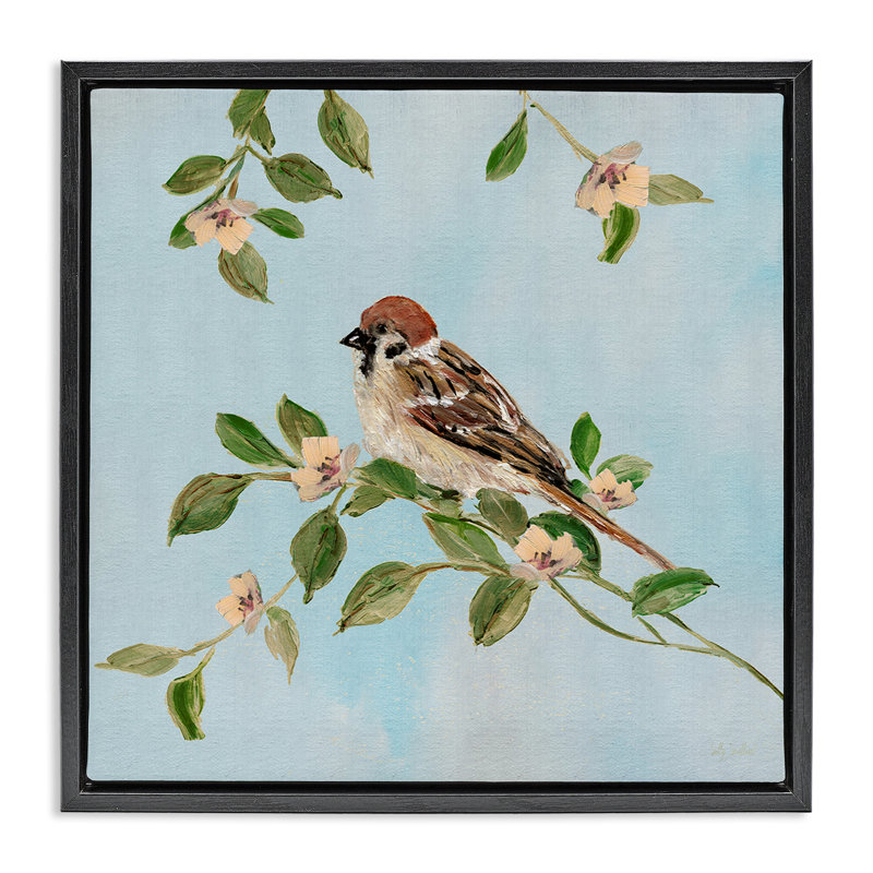 Sparrow on Tree Branch, Jet Black Floater Frame, 18" H x 18" W