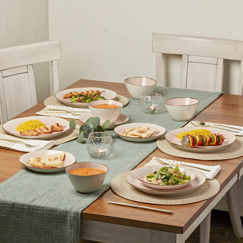 Pink Ceramic 12-Piece Stoneware Bella Dinnerware Set