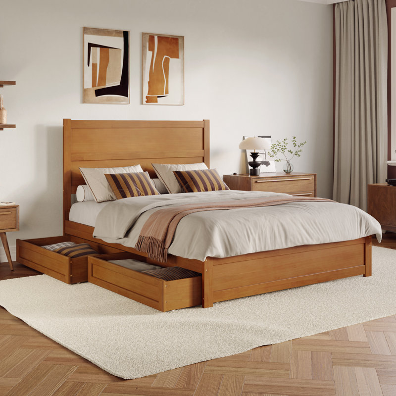 Aveline Wood Platform Bed with Storage Drawers, Light Toffee, Queen