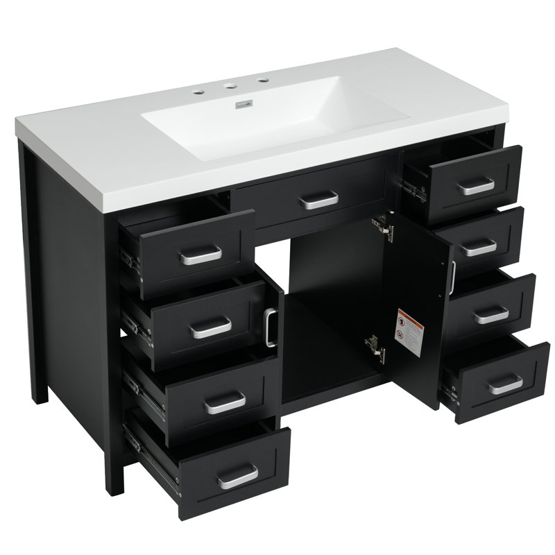 Meuble-lavabo 48 po avec lavabo, 2 portes et 8 tiroirs, système de fermeture en douceur, conception classique, Noir