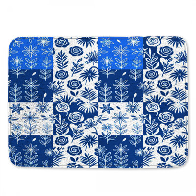 Blue White Floral Pattern Bath Mat