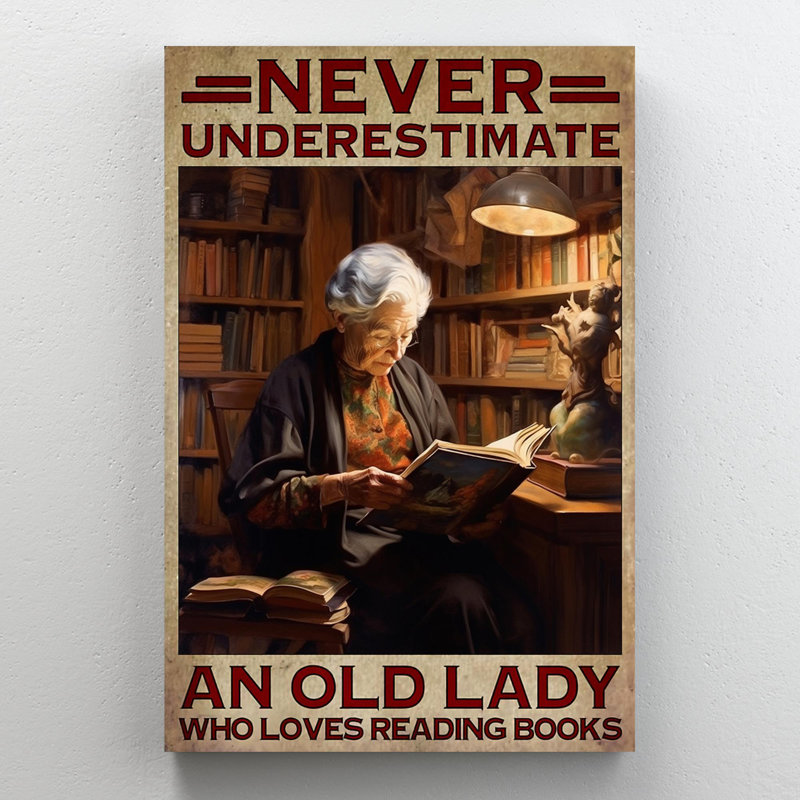 Une vieille dame qui aime lire des livres - 1 pièce, impression d'art graphique rectangulaire sur toile tendue | 0118