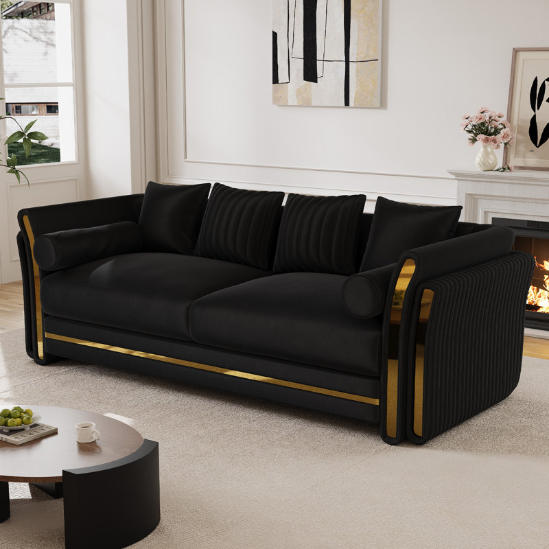  Canapé moderne 87 po à 3 places avec accoudoirs ornés d'une double couche, Noir, H 33 po x l 86,7 po x P 35 po