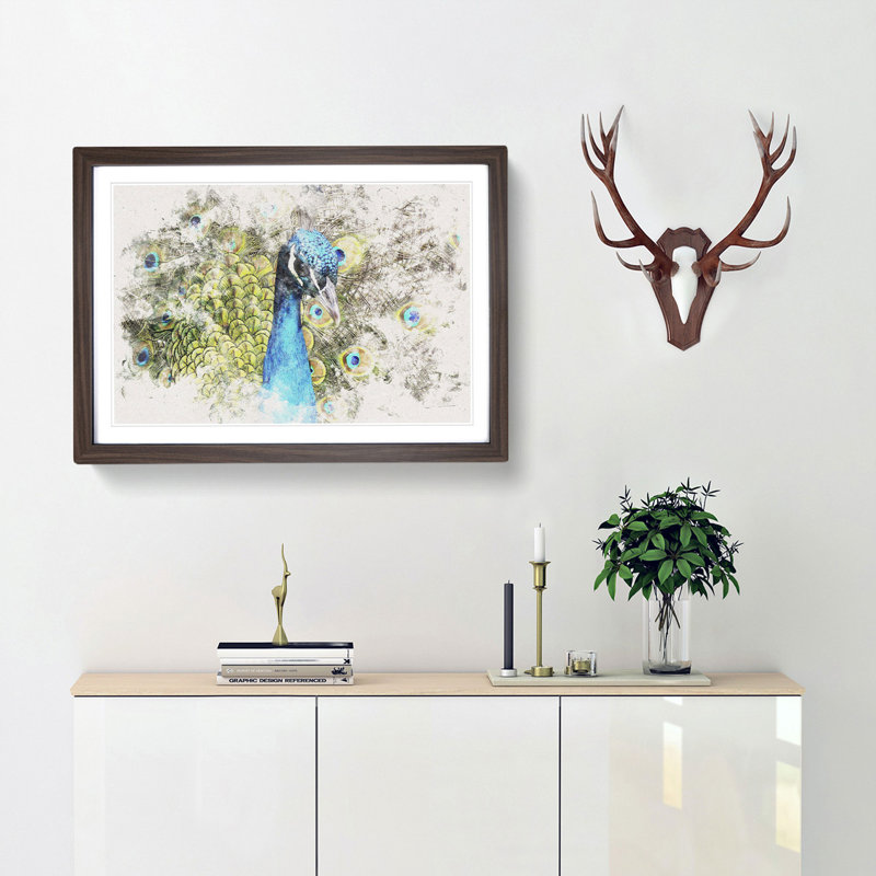 Dazzling Peacock Bird - Single Picture Frame Painting on MDF, Walnut Framed, 36cm H x 48cm W x 2cm D
