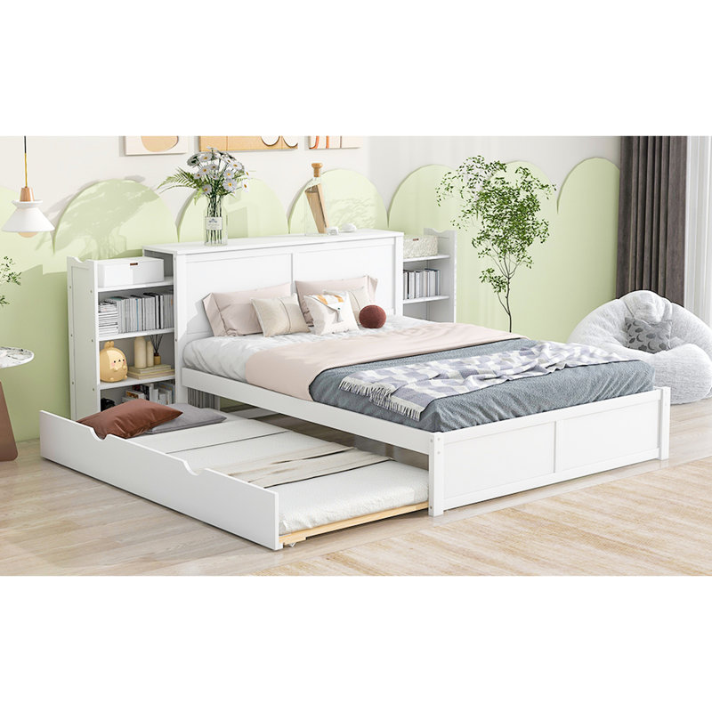 Grand lit avec tablettes gigognes et lit gigogne, blanc - bois, tête de lit confortable pour lit plateforme et lit gigogne, attrait de chambre à coucher moderne