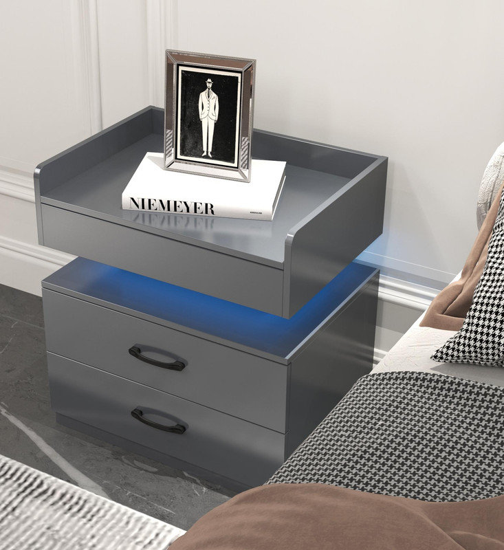 1 Set Nightstand with Adjustable LED Strip Light, 2-drawers, Large Storage Space, Suitable for Bedside Table, Coffee Table, Sofa Side Table or End Table for Study Desk