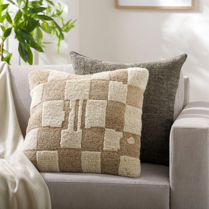Raven Checkered Wool Blend Throw Pillow, Down, 20" x 20", Ivory