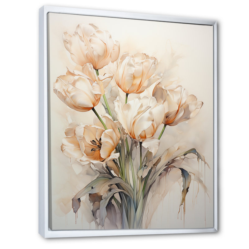 «Beige embelli tulipes symphonie II sur toile», Cadre flottant blanc, 32" H x 24" W