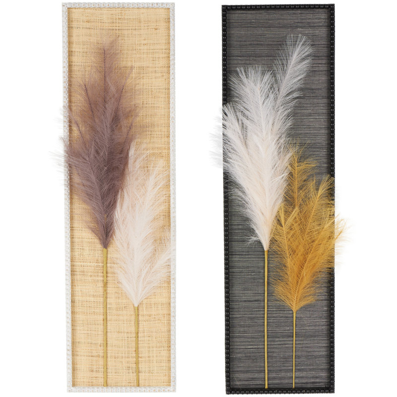 Wood Handmade 3D Pampas Stem Leaf Brown Wall Decor with Textured Backing and Beaded Frame Set