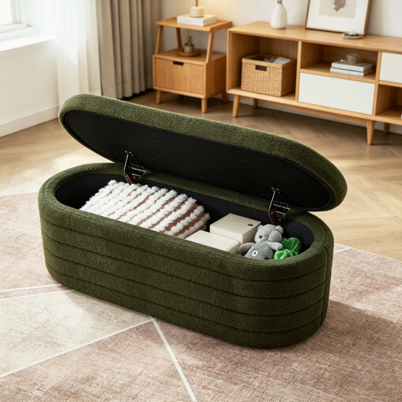 Banc de rangement avec repose-pieds ovale en sherpa, Dark Green