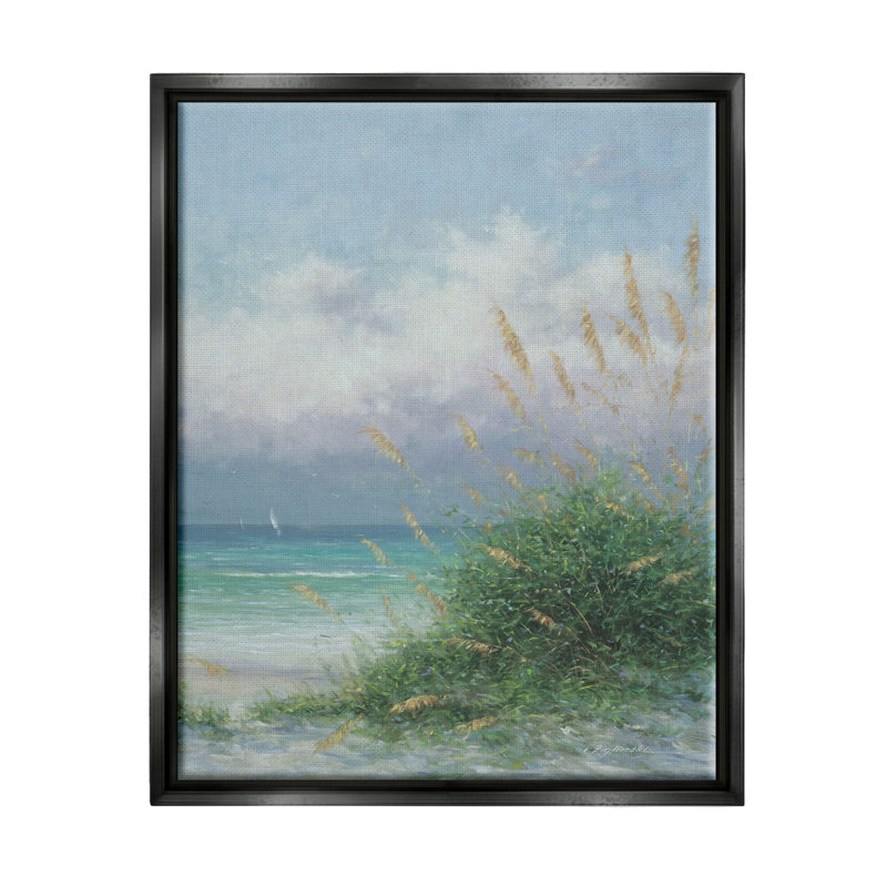 «Ocean Waves Beach Reeds» par Martin Figlinski - peinture à cadre flottant sur toile, H 21 po x l 17 po x P 1,7 po