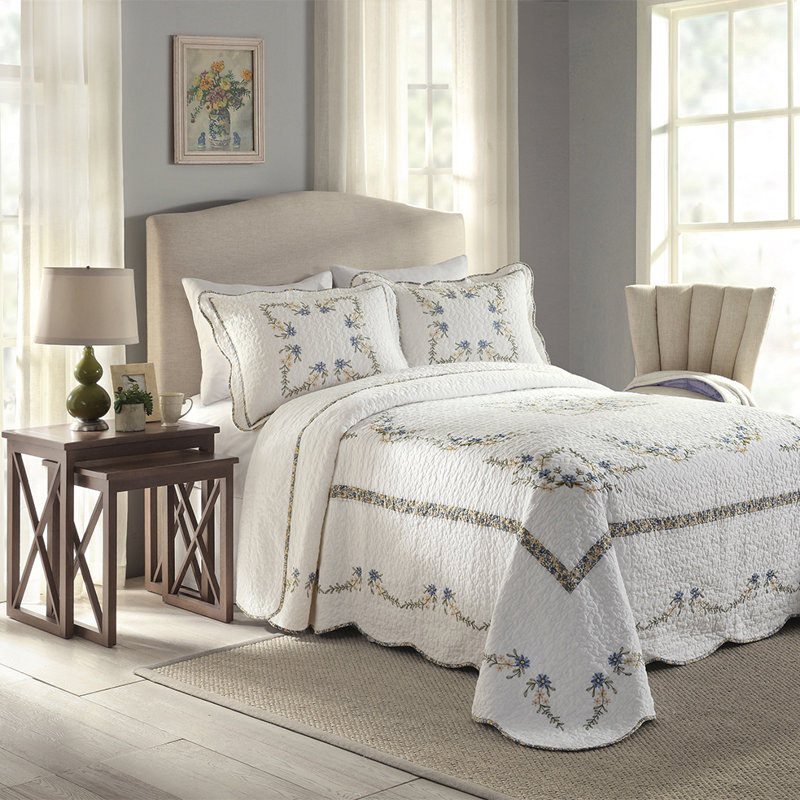 Heather Blue Cotton Full Floral Bedspread