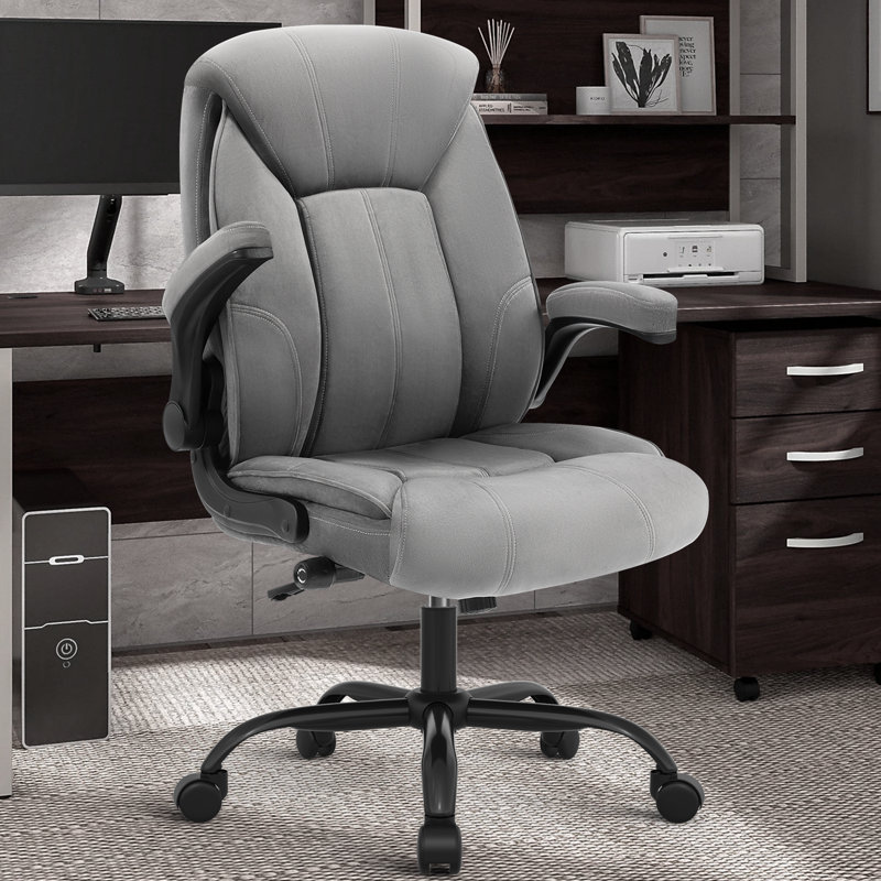 YAMASORO Executive Office Chair,Big and Tall Ergonomic Desk Chair with Adjustable Lumbar Support, Comfortable Computer Chair wih Flip-up Arms and Wheels, Gray