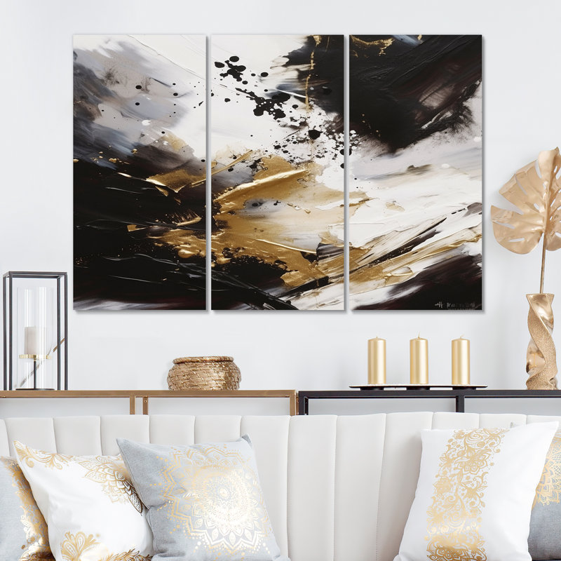 River Happiness Abstrait doré noir blanc III 3 pièces, H 28 po x l 36 po x P 1 po