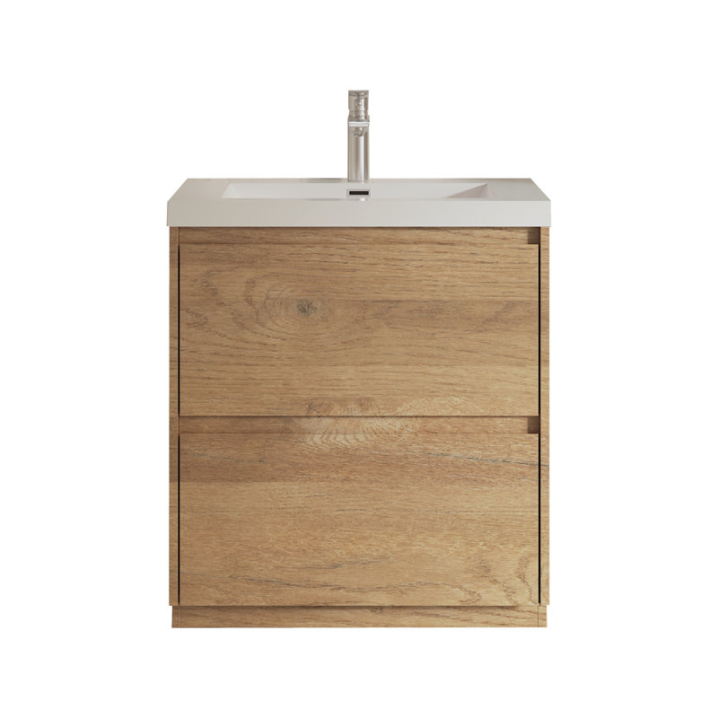 Meuble-lavabo sur pied simple en chêne naturel de 30 po avec plateau en pierre blanche brillante et 2 tiroirs moderne, 30"